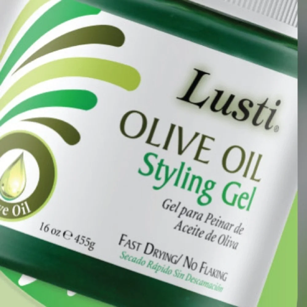 LUSTI OLIVE OIL STYLING GEL. Excellent fast drying and no flaking.